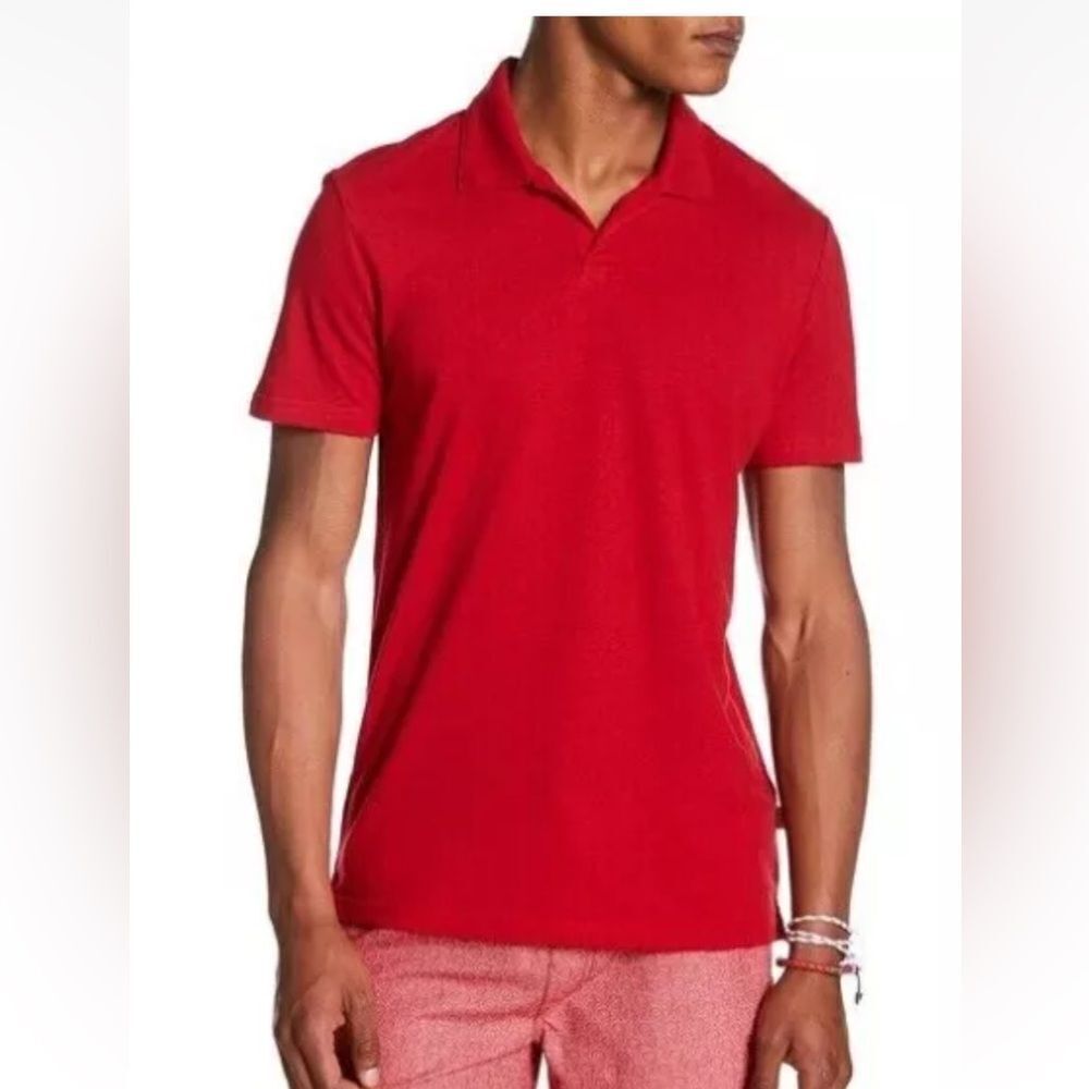 Onia Polo Shirt Mens Red Shaun Dark Rose Linen Blend Preppy Beachy Boating C29